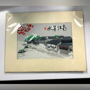 Vintage Asian Handmade Embroidered Framed Silk Needle Work Art Picture Signature